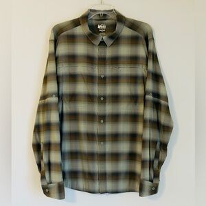 REI Co-op Green and Brown Plaid Long Sleeve Button Down Casual Outdoor Shirt Med
